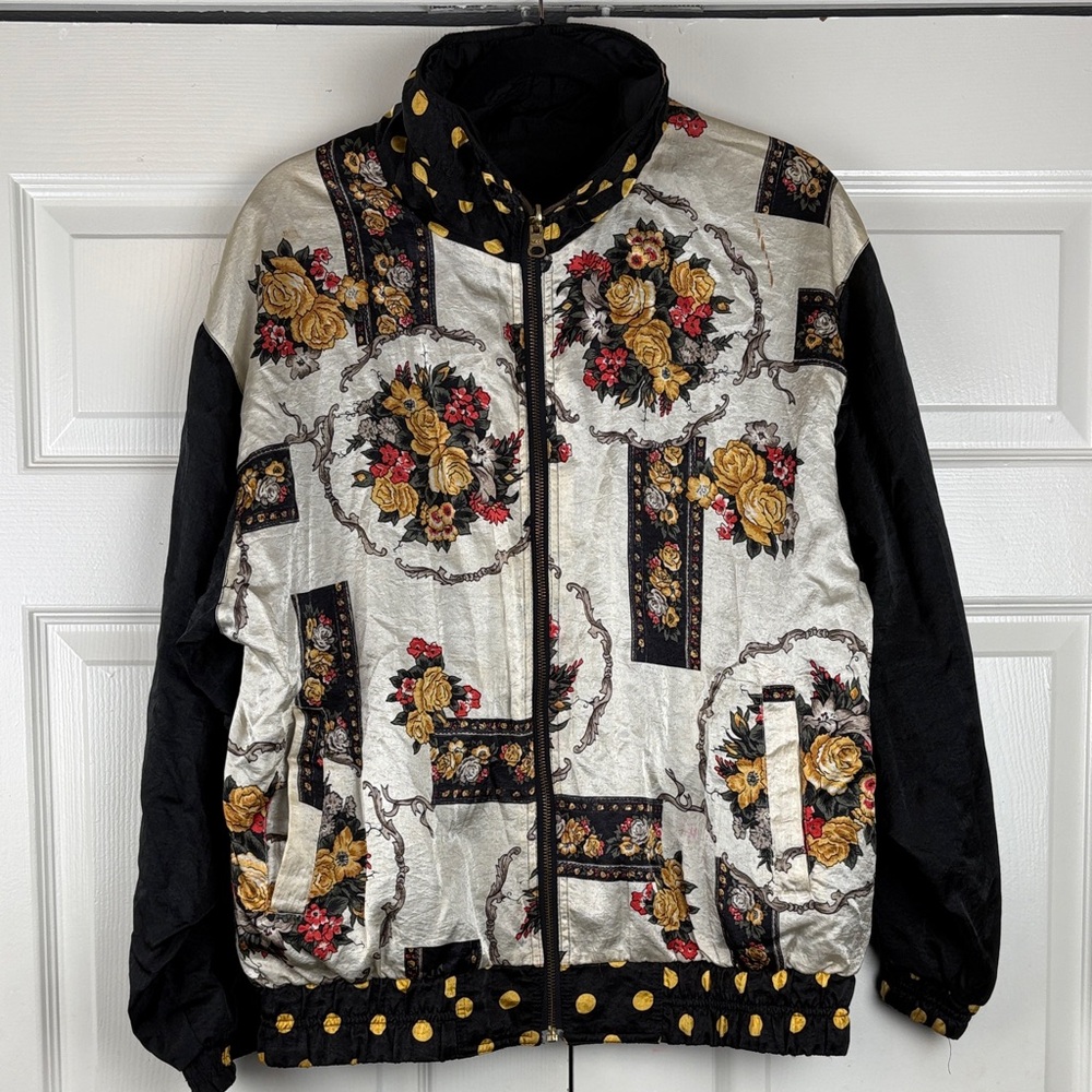 Vintage Chili Pepper Reversible Jacket Floral Baroque Black Windbreaker 90s sz M